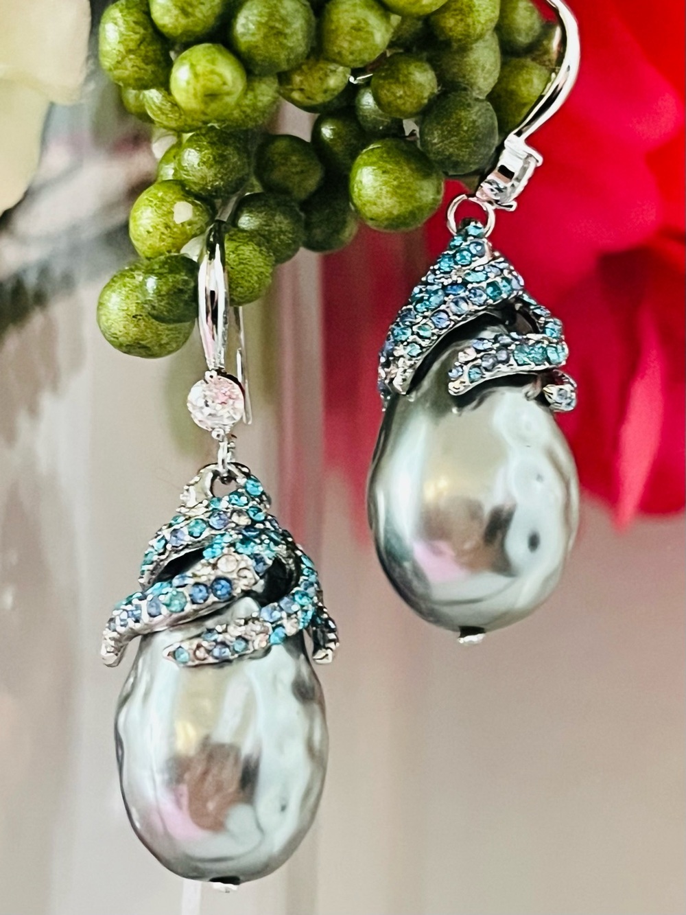 Ocean-Drop Statement Earrings – Baroque Faux Pearl with Teal Crystal Accents